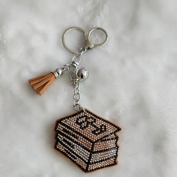 Brown and Black Books Rhinestone Keychain Bag Charm - Picture 1 of 3